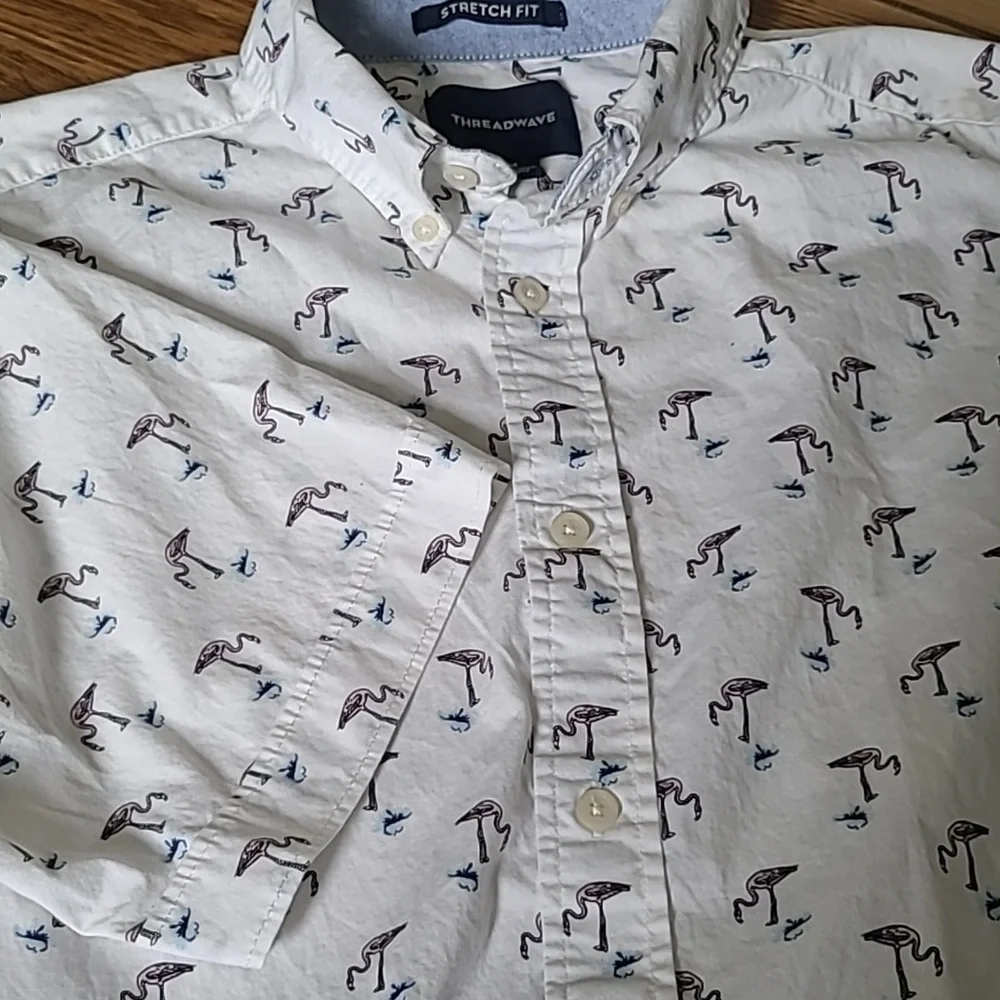 Threadwave Shirt Men's Flamingos Short Sleeve Button-Down, M